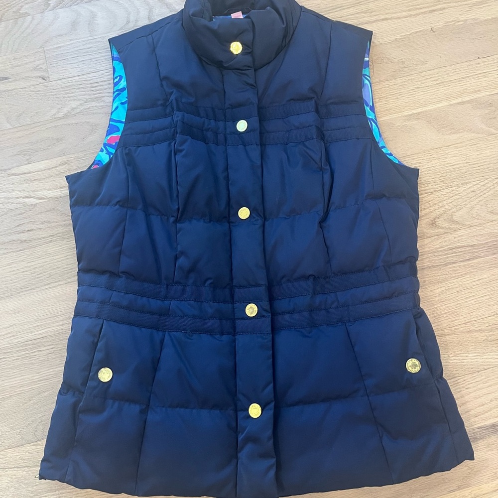 Lilly Pulitzer Dark Blue Puffer Vest with Gold Accents